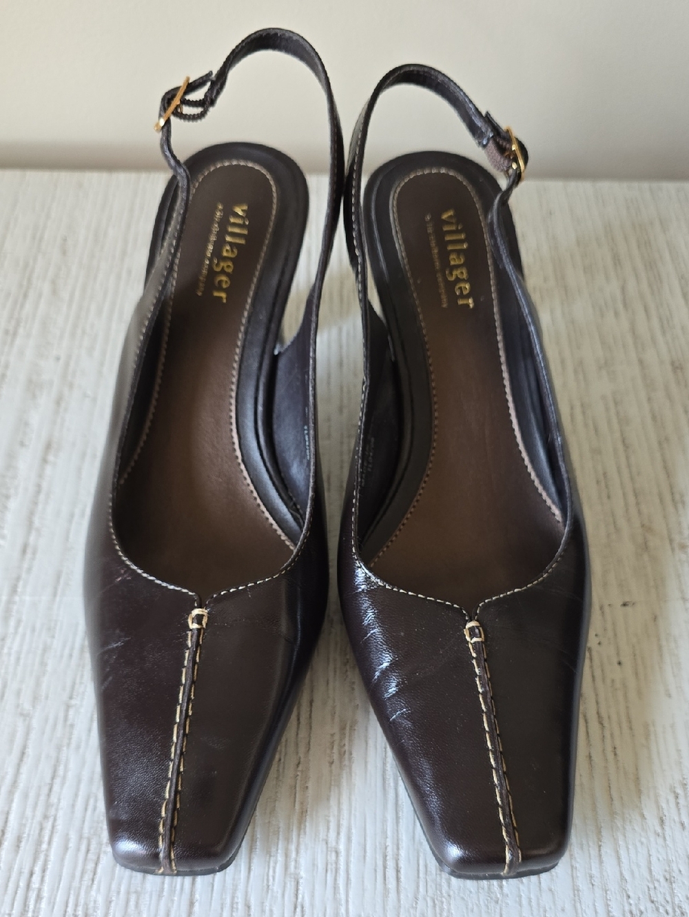 Villager Brown Leather Slingback Square-Toe Heels